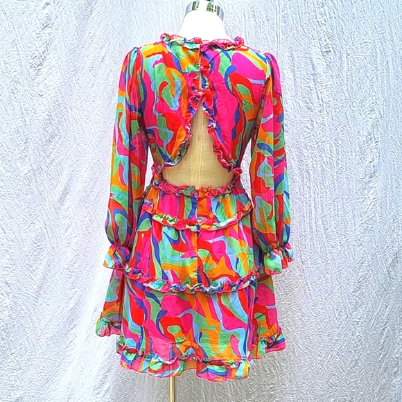Ladies backless dress, v-neck, multicolor, sheer, lined, ruffle, boho,  M - Picture 7 of 14